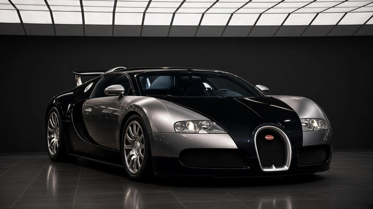 Black and silver Bugatti Veyron 16.4 coupe, front three-quarter, horseshoe grille and oval Bugatti badge