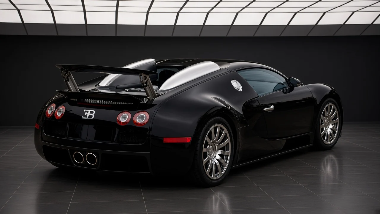 Bugatti Veyron 16.4 from the rear, horseshoe lamps and the raised speed wing above the engine cover