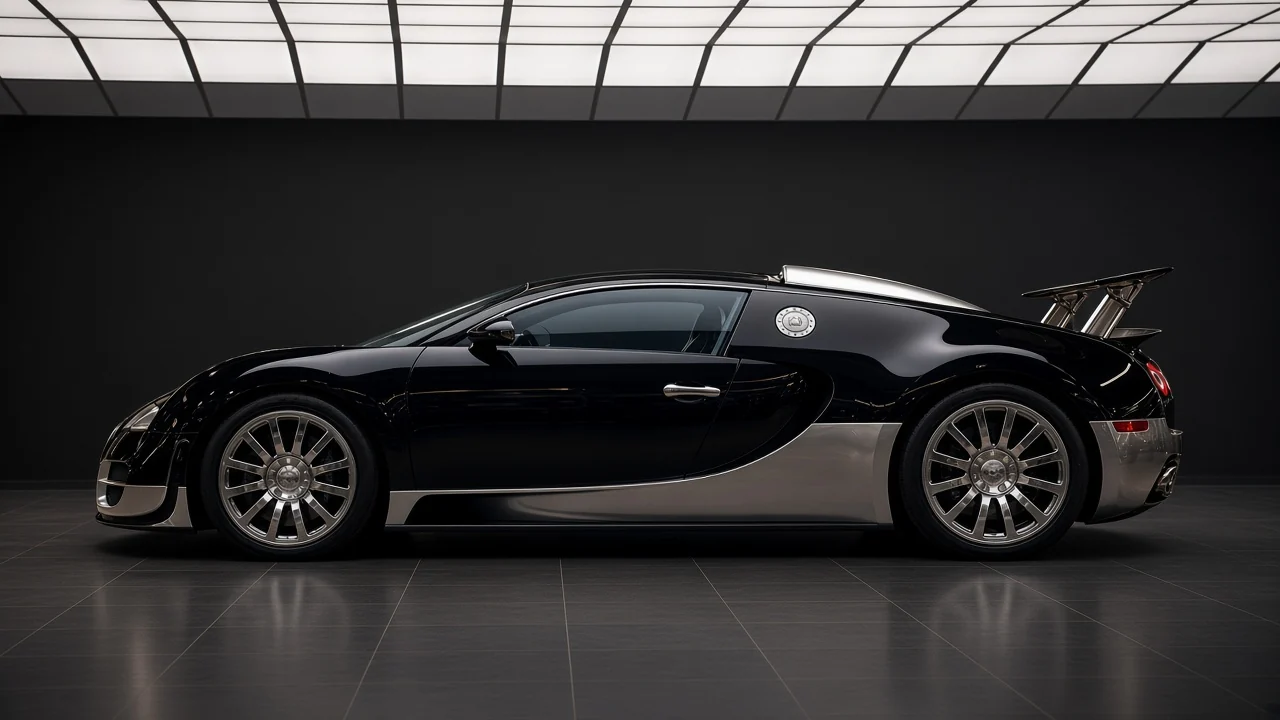 Bugatti Veyron 16.4 in side profile, long cabin, mid-mounted W16 and two-tone black and silver body