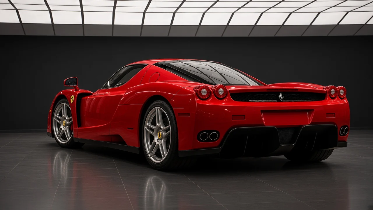 Rear of a red Ferrari Enzo road car, four round lamps and a low tail without a race wing