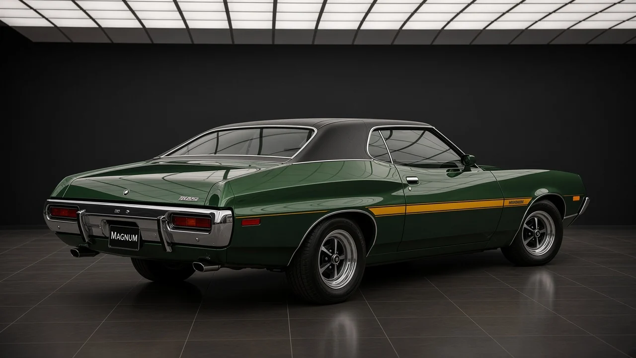 Studio concept of a 1972 Ford Gran Torino Sport fastback from the rear, dark green, vinyl roof