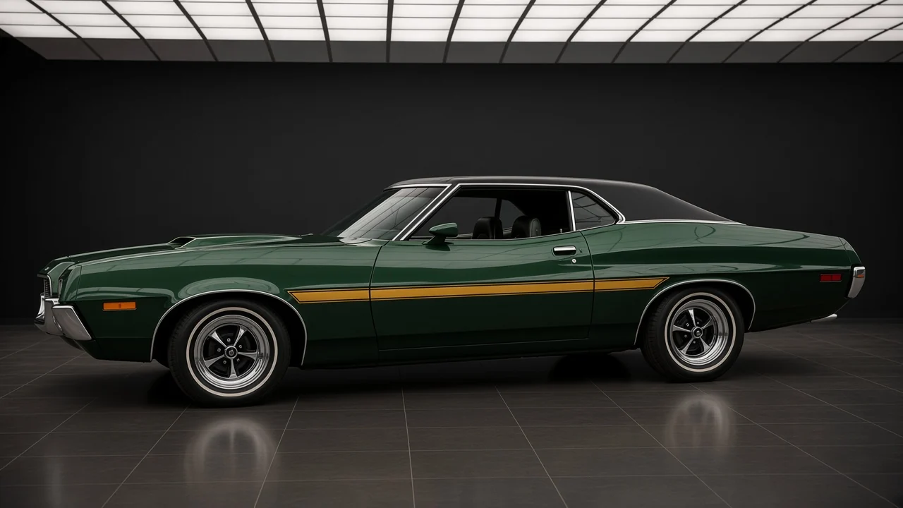 Studio concept of a 1972 Ford Gran Torino Sport in profile, dark green, black vinyl roof and thin gold stripe