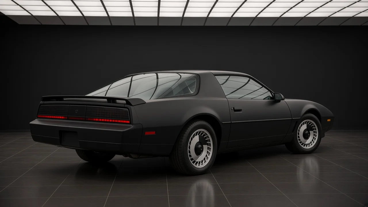 Studio concept of KITT from the rear three-quarter, black 1982 Pontiac Firebird Trans Am with full-width taillights and no rear scanner