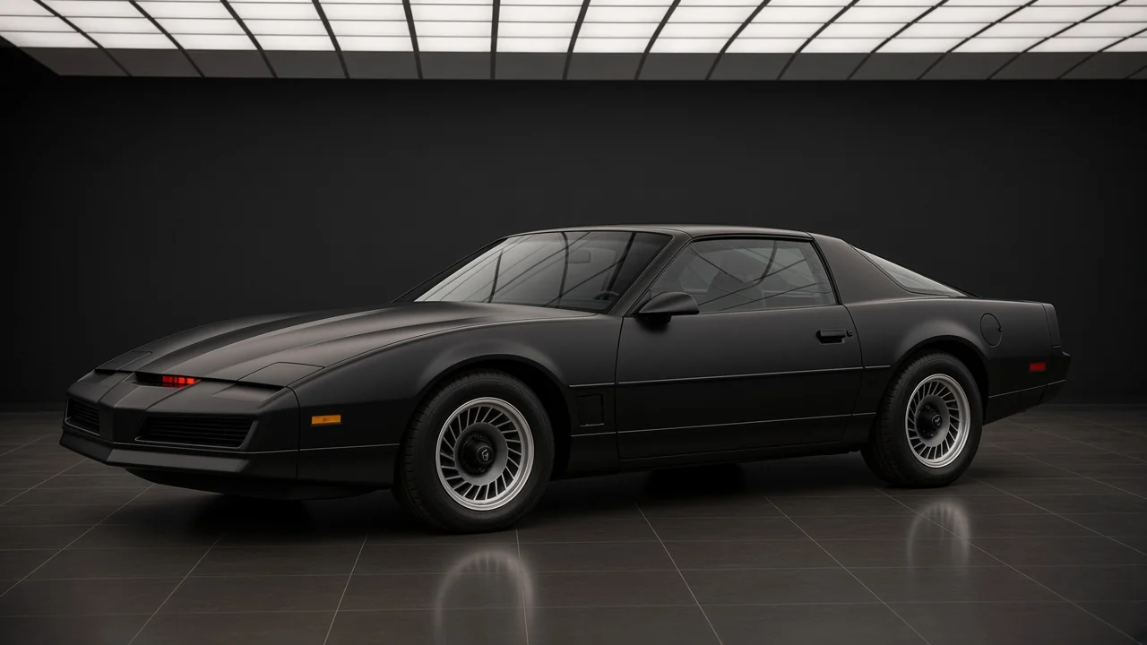Studio concept of KITT in side profile, black 1982 Trans Am, closed roof, scanner only at the front of the nose