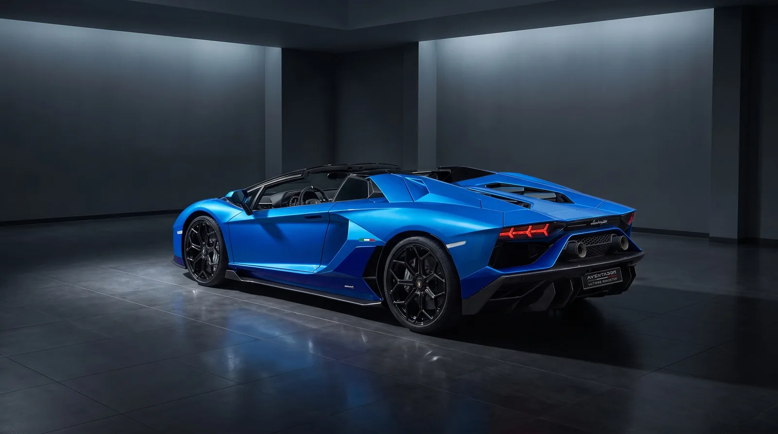 Lamborghini Aventador LP 780-4 Ultimae Roadster in blue, rear three-quarter studio view of the final Aventador body style