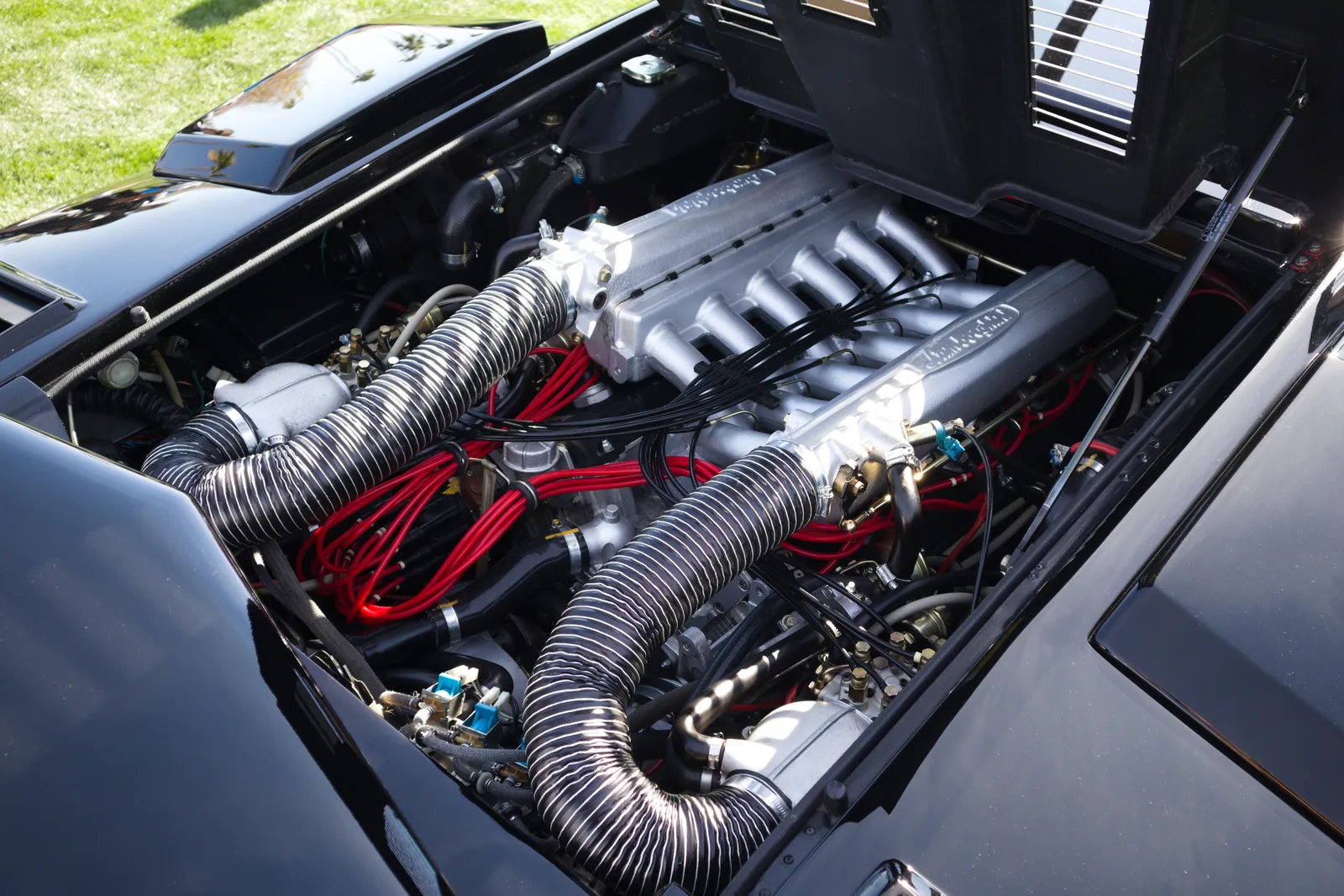 Engine bay of a US-spec Lamborghini Countach 5000 Quattrovalvole showing the V12 with Bosch K-Jetronic fuel injection