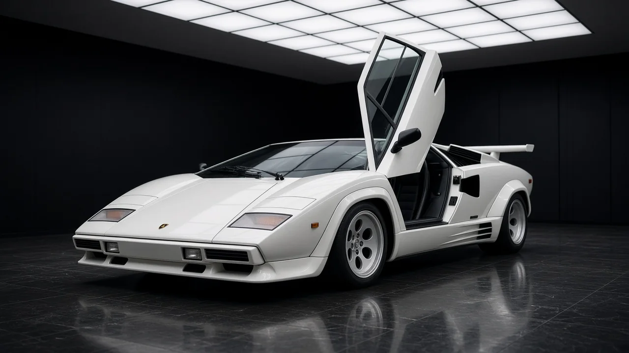 White Lamborghini Countach 5000 Quattrovalvole with the driver’s scissor door raised, studio concept in the Batman Garage under an LED ceiling on dark tiled floor