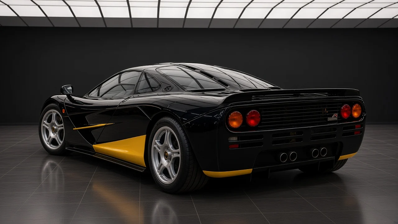 Rear of 1996 McLaren F1 chassis 063, standard road car, small brake spoiler and no fixed wing
