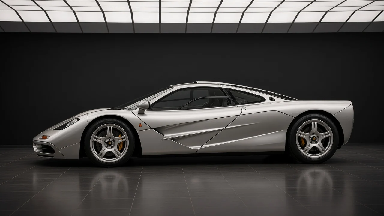 Silver McLaren F1 series road car in side profile, low nose, roof intake and no fixed rear wing