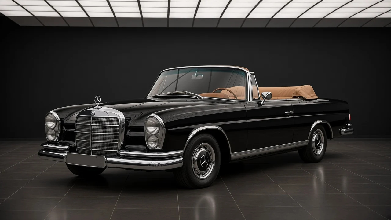 Studio concept of a 1965 Mercedes-Benz 220SE Cabriolet, top down, chrome bumpers and twin round lamps