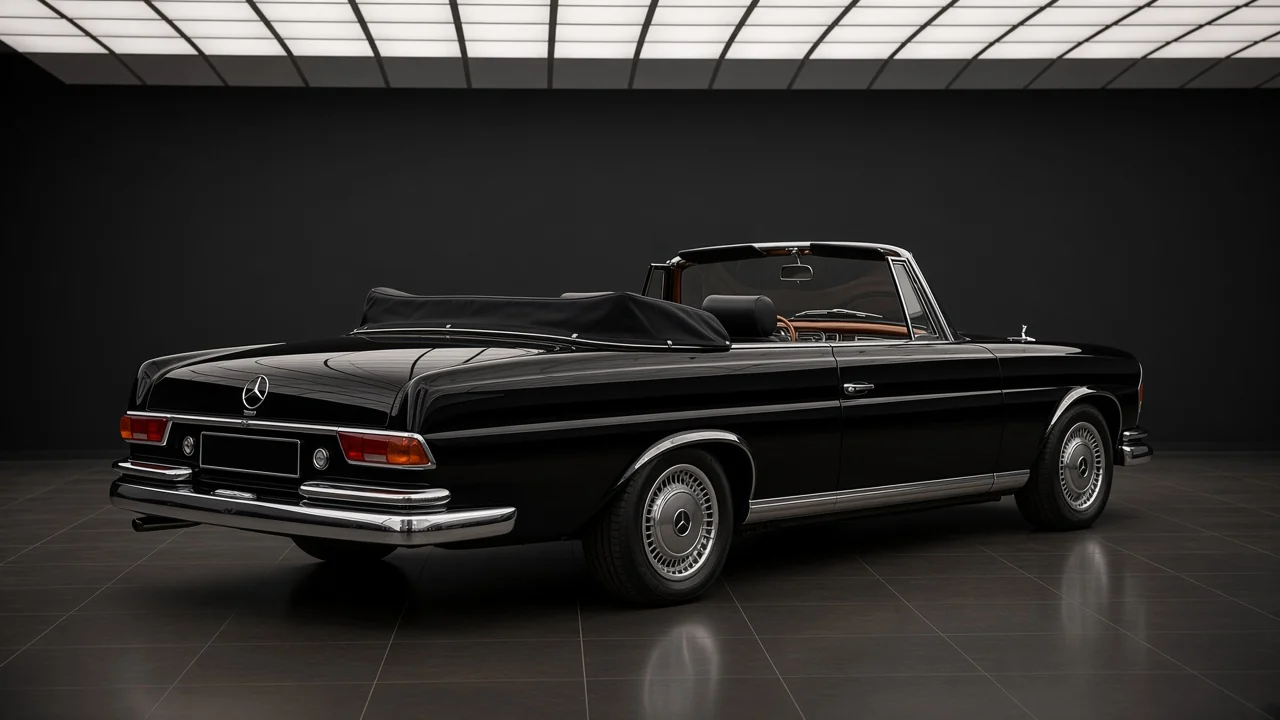 Studio concept of a 1965 Mercedes-Benz 220SE Cabriolet from the rear, soft top folded, chrome bumper
