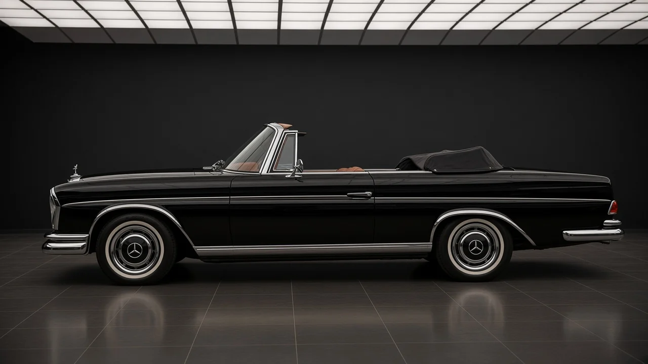 Studio concept of a 1965 Mercedes-Benz 220SE Cabriolet in profile, top down, chrome flank