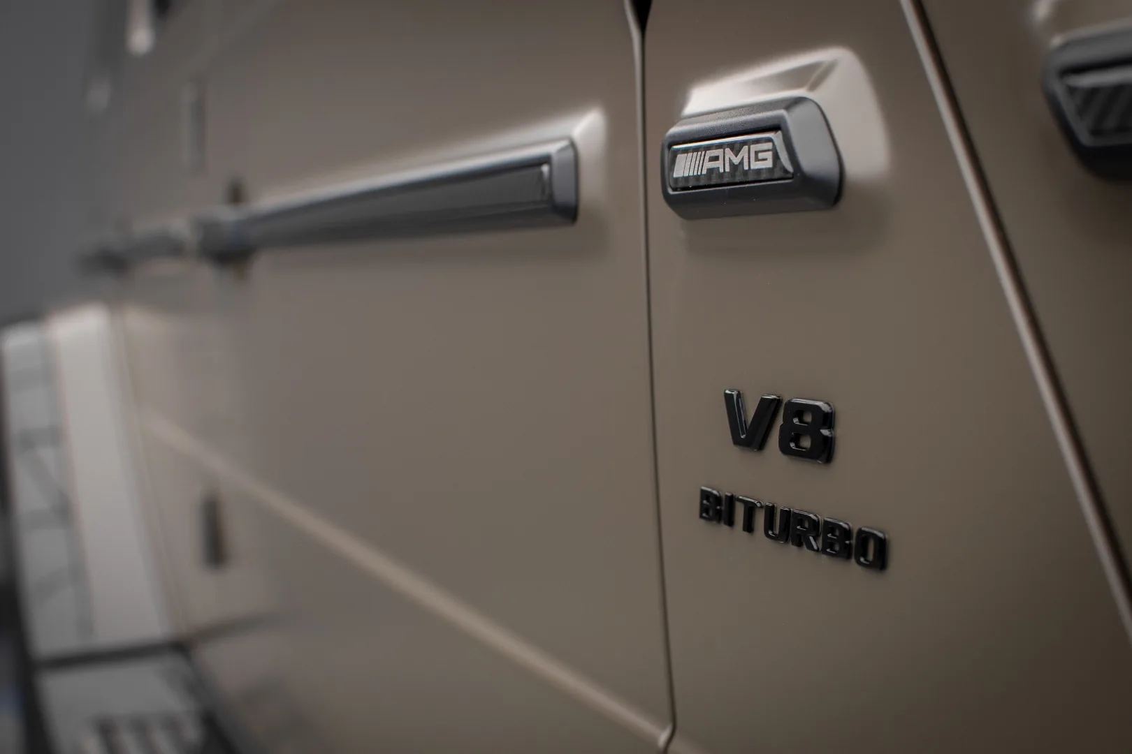 Mercedes-AMG G63 4x4² AMG badge and V8 Biturbo emblem detail