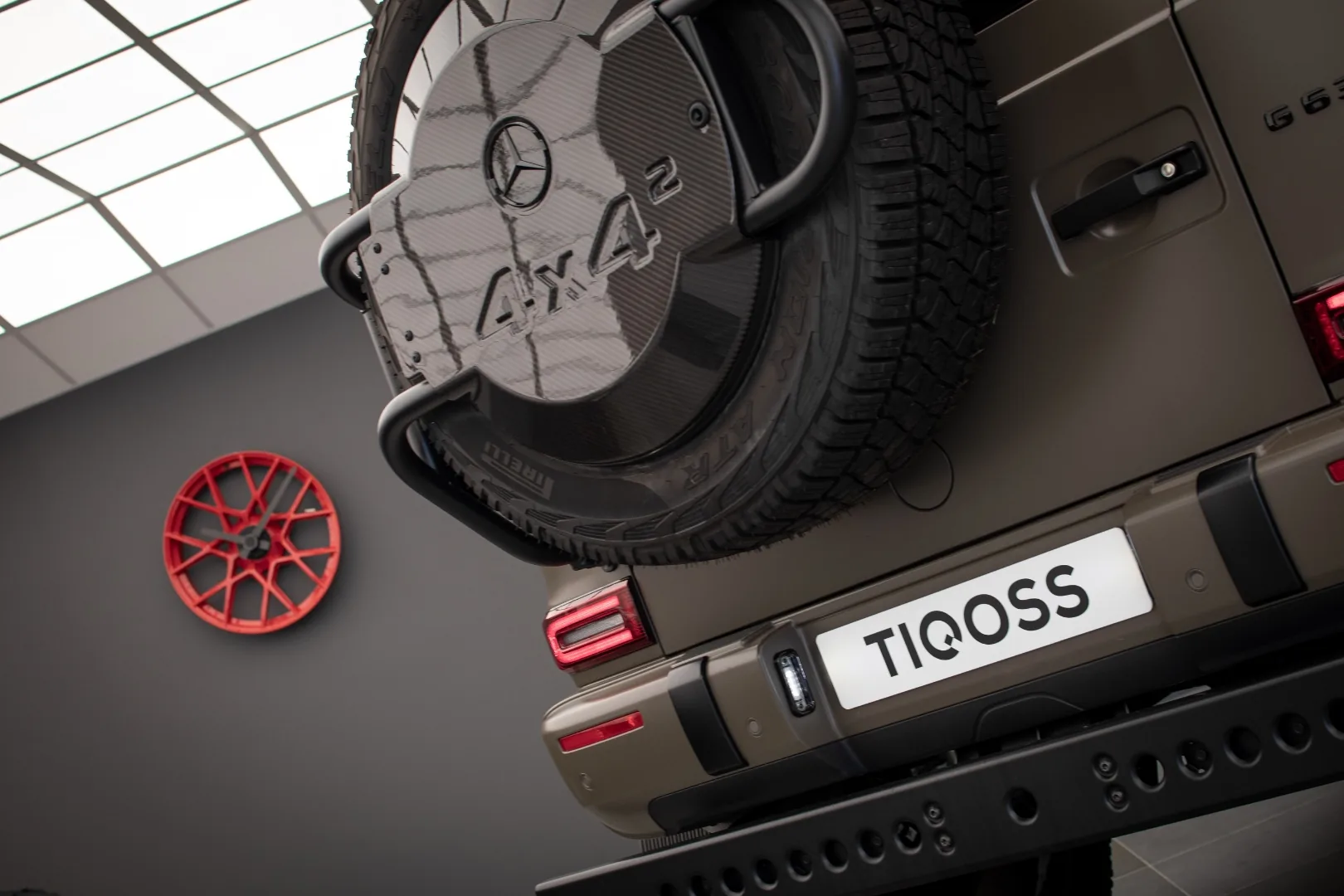 Mercedes-AMG G63 4x4² carbon fiber spare wheel cover close-up