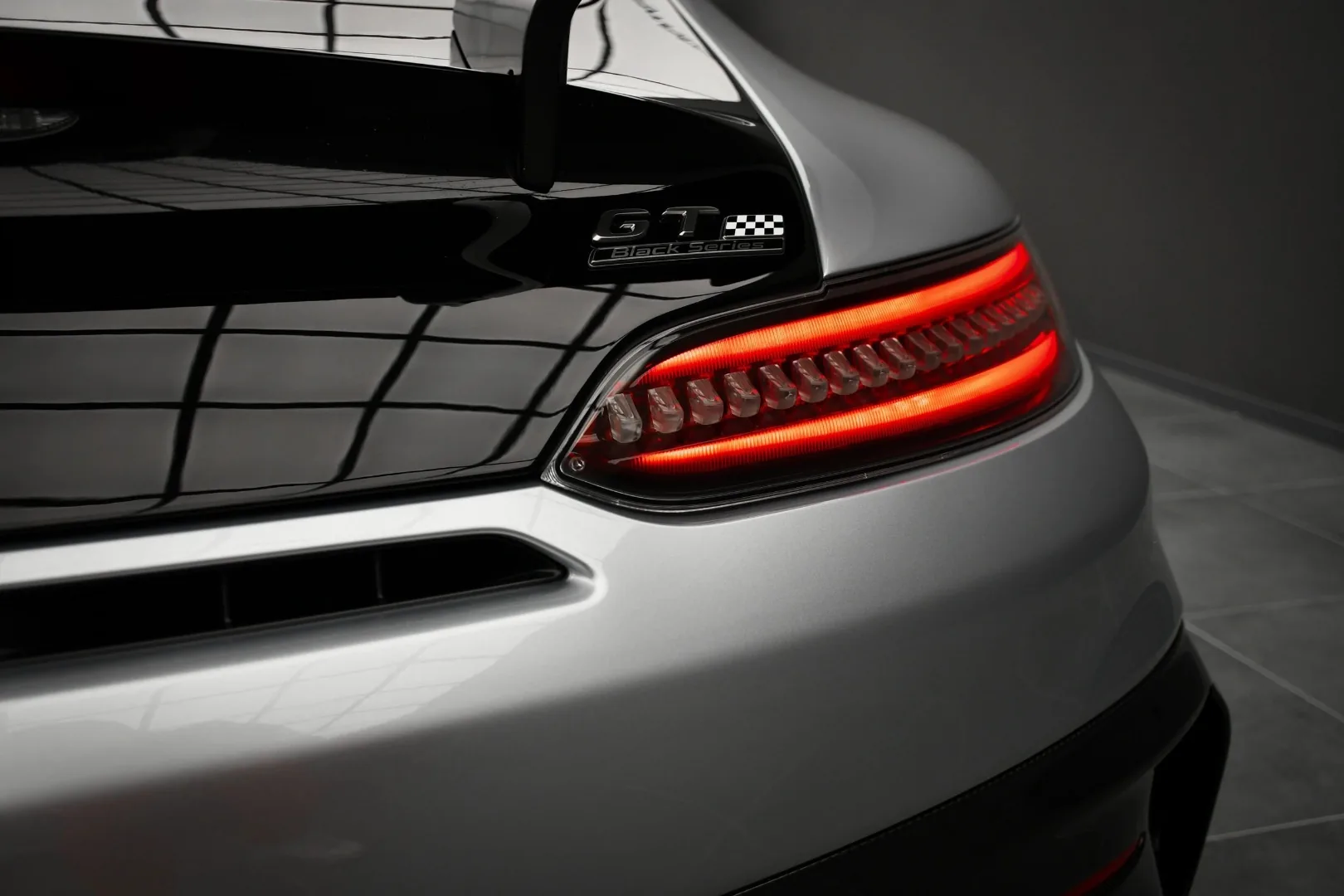 Mercedes-AMG GT Black Series rear taillight close-up with illuminated LED and GT Black Series badge