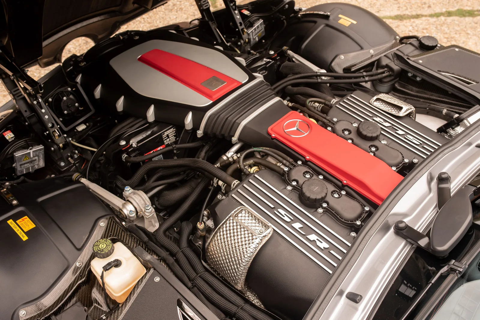 Hand-assembled 5,439 cc supercharged AMG M155 V8 in the engine bay of the Mercedes-Benz SLR McLaren 722 Edition