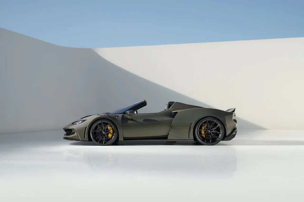 Dark green Novitec Ferrari 296 GTS N-Largo side profile with roof open in a white studio