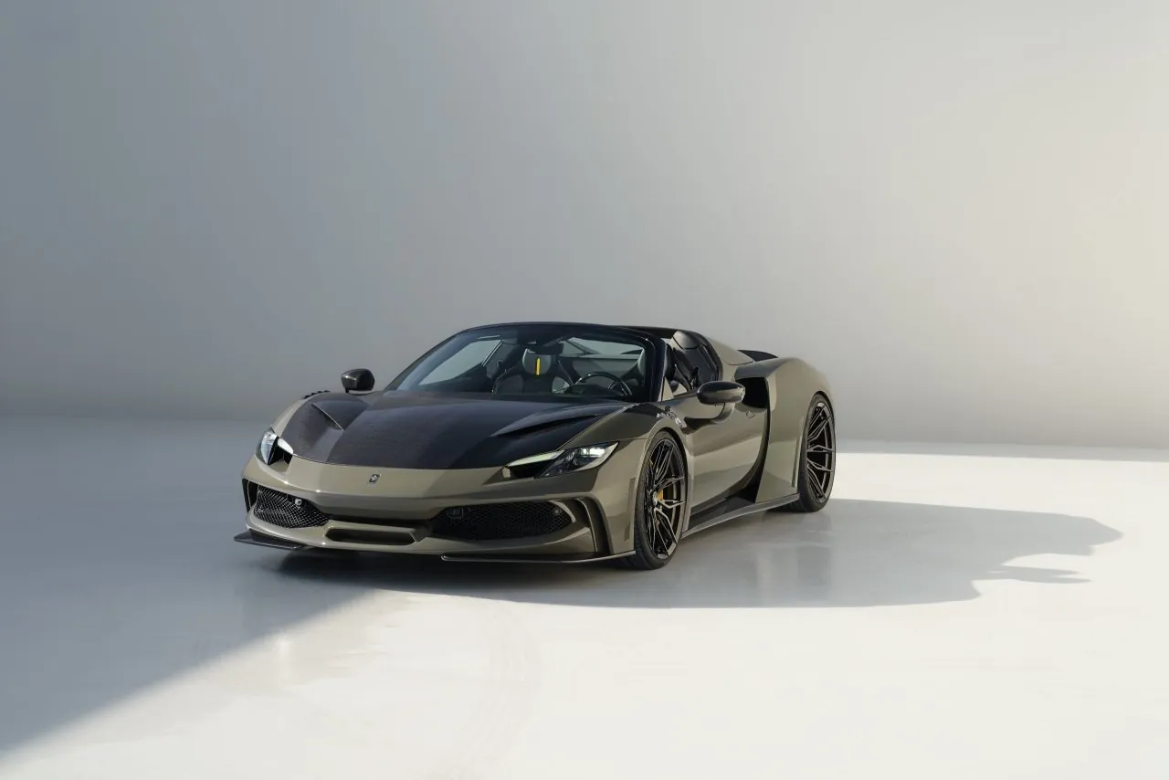 Dark green Novitec Ferrari 296 GTS N-Largo in a white studio, front three-quarter view