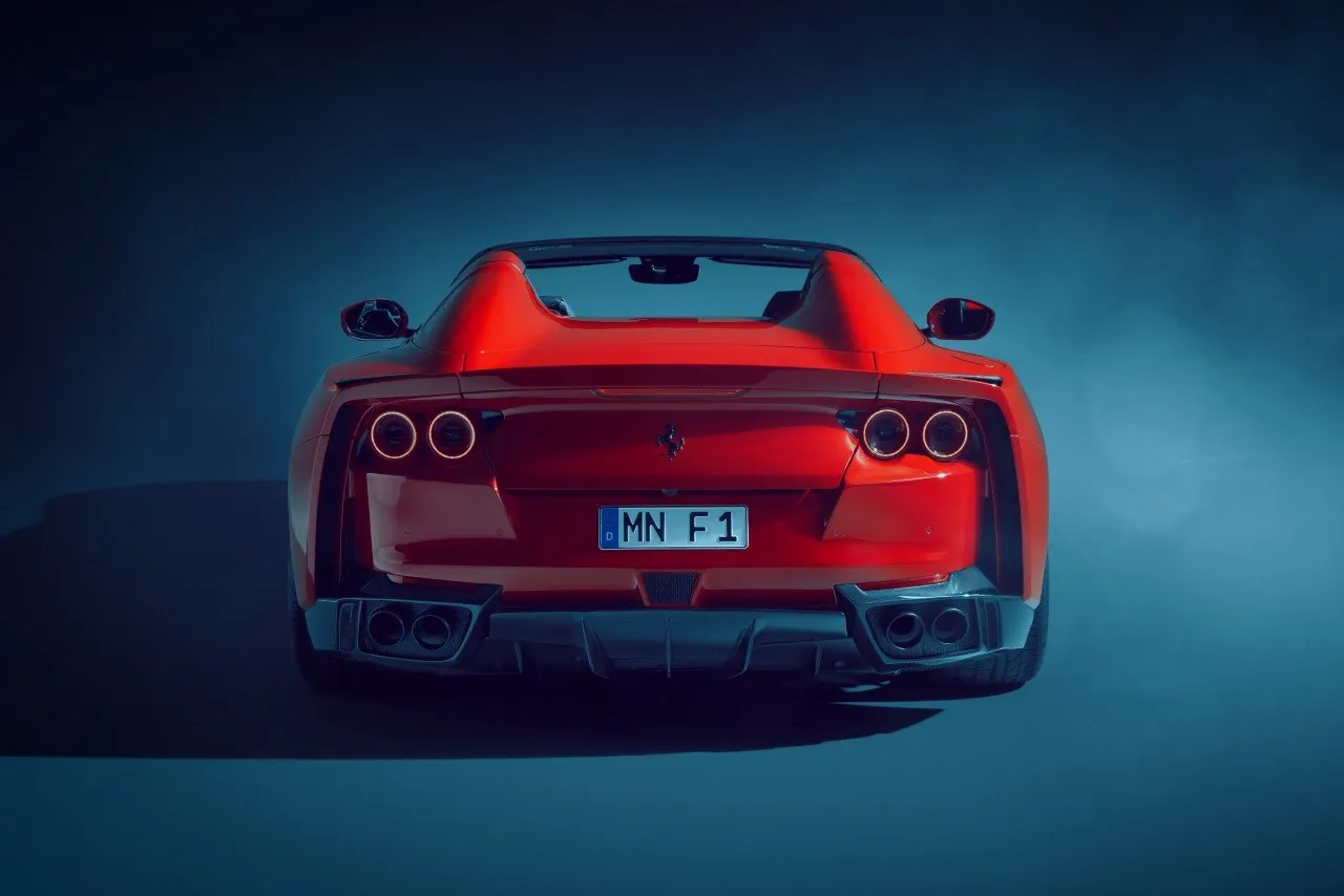Red Novitec Ferrari 812 GTS N-Largo rear view with quad round tail lights and carbon diffuser