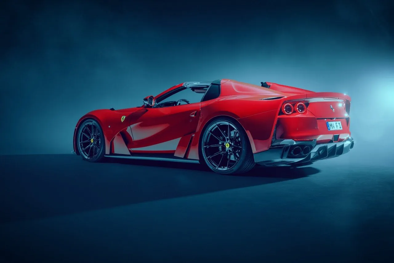 Red Novitec Ferrari 812 GTS N-Largo convertible in a blue studio, rear three-quarter view