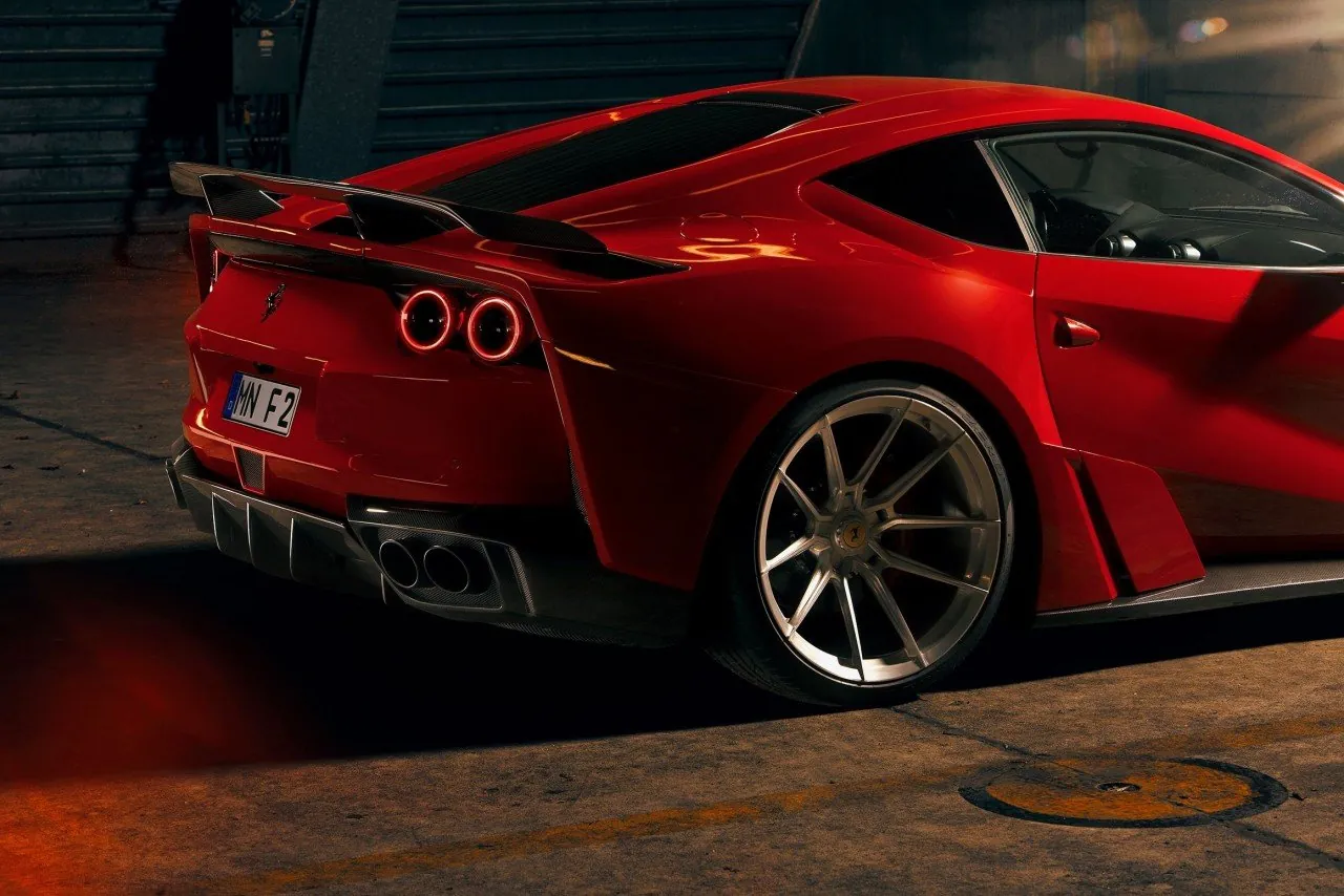 Close-up of the Novitec Ferrari 812 N-Largo widened rear arch, rear wing and 22-inch forged wheel