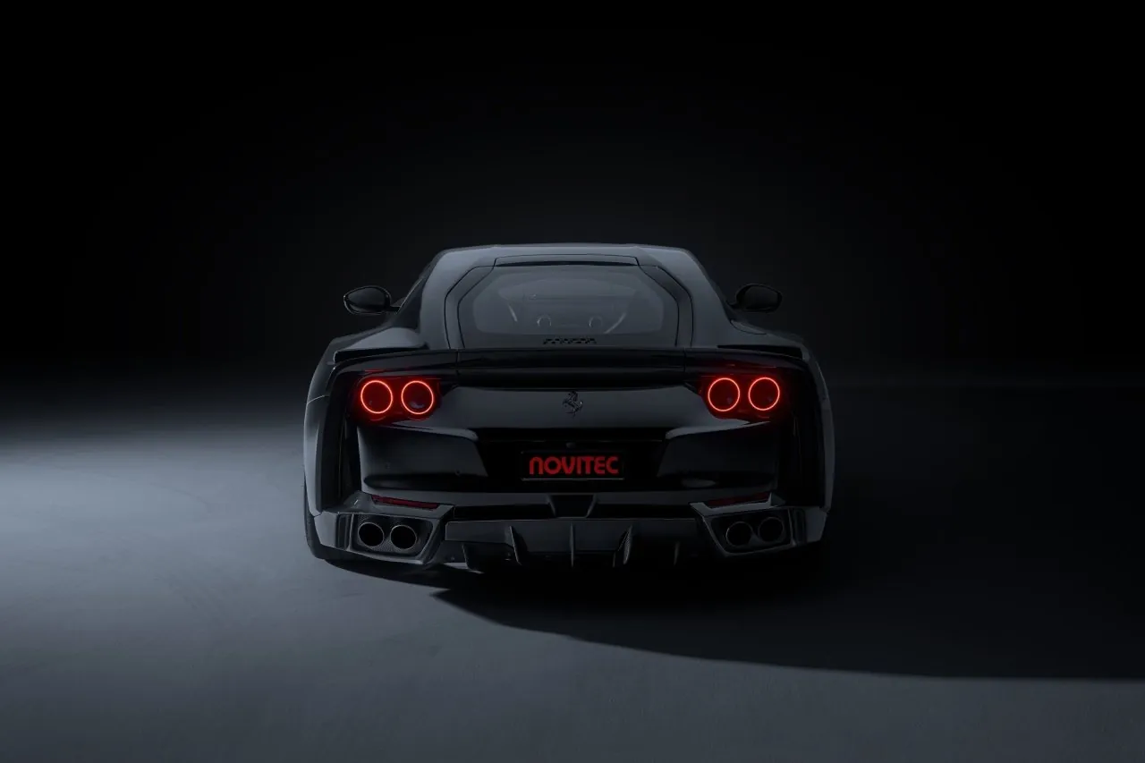 Black Novitec Ferrari 812 N-Largo S rear view with carbon ducktail and quad tail lights