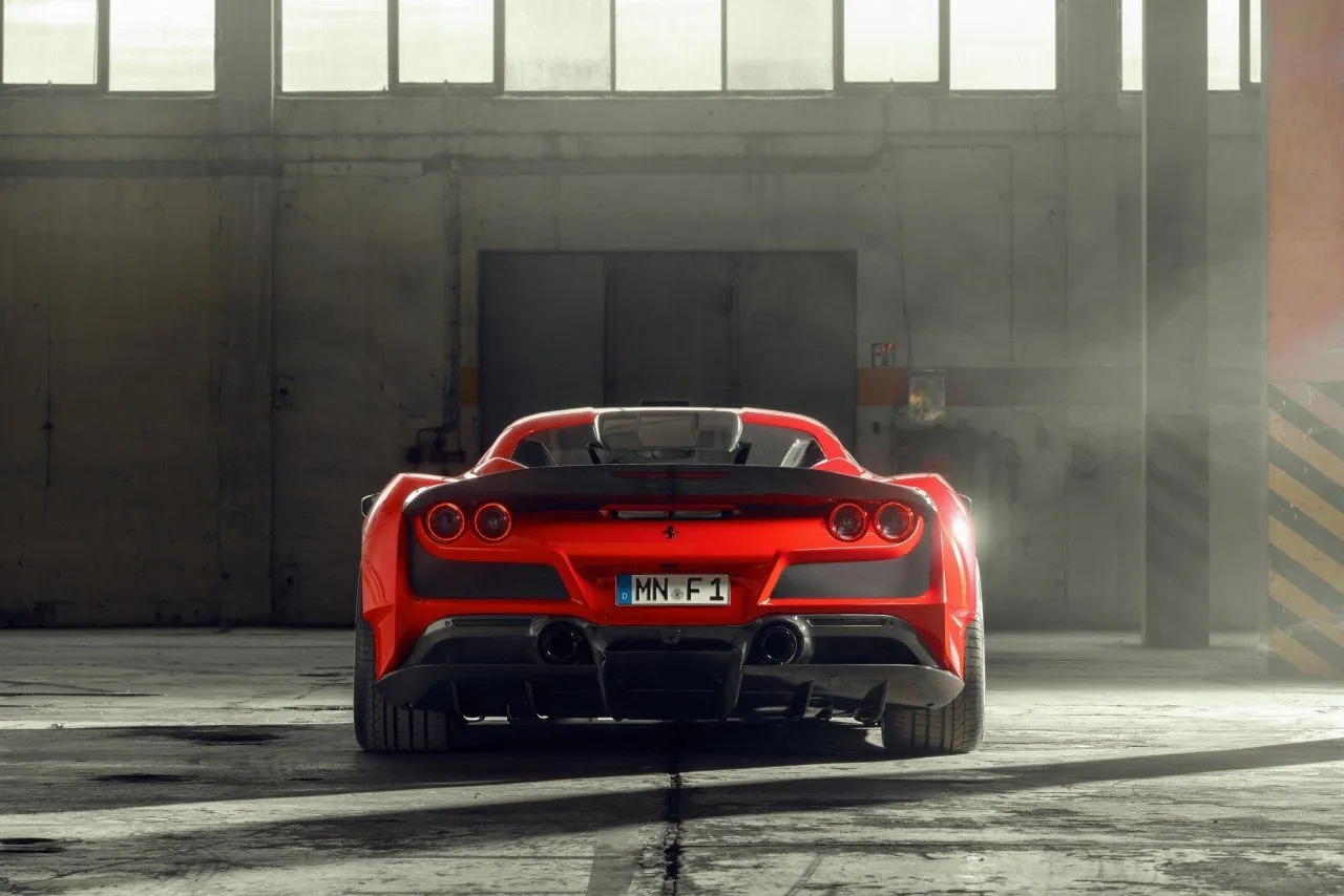 Red Novitec Ferrari F8 N-Largo rear view with ducktail and integrated diffuser