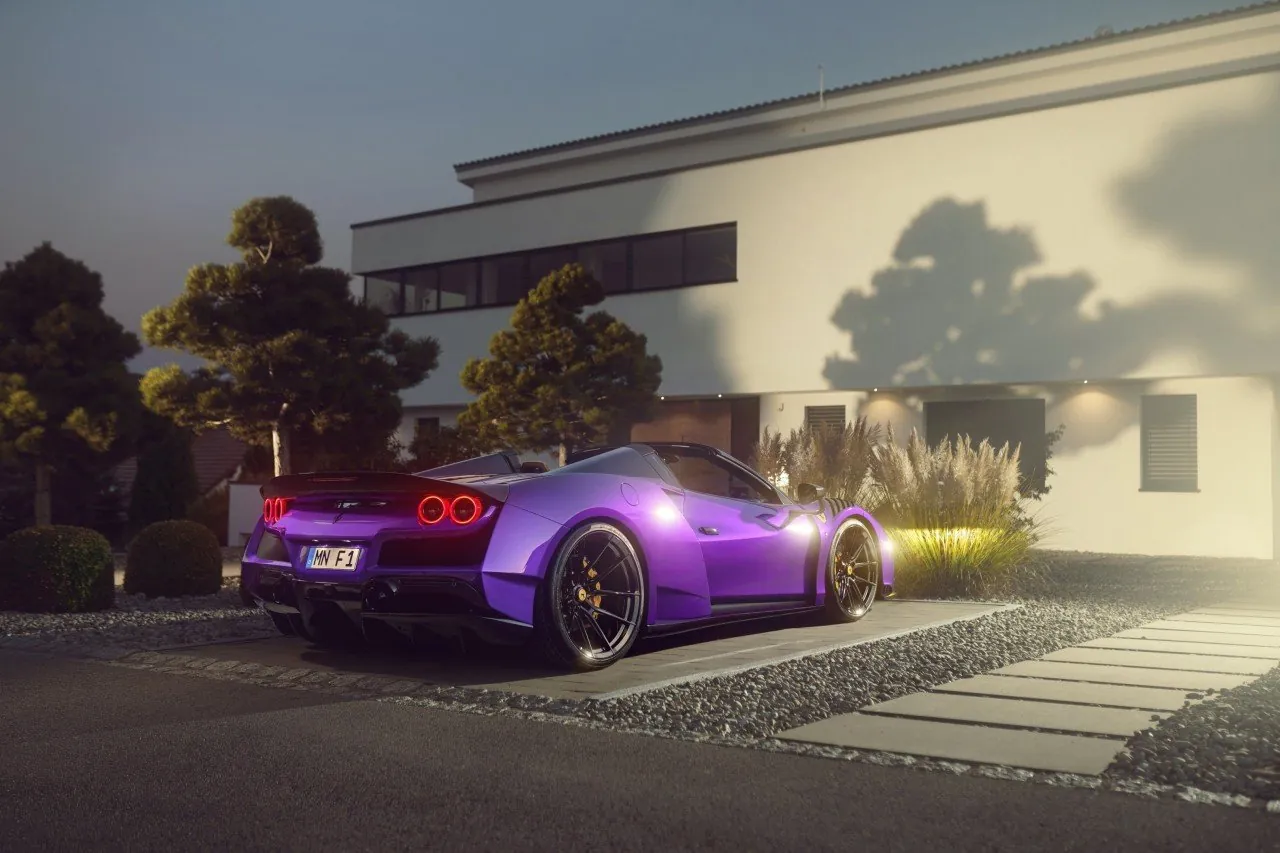 Purple Novitec Ferrari F8 N-Largo Spider rear three-quarter view at dusk