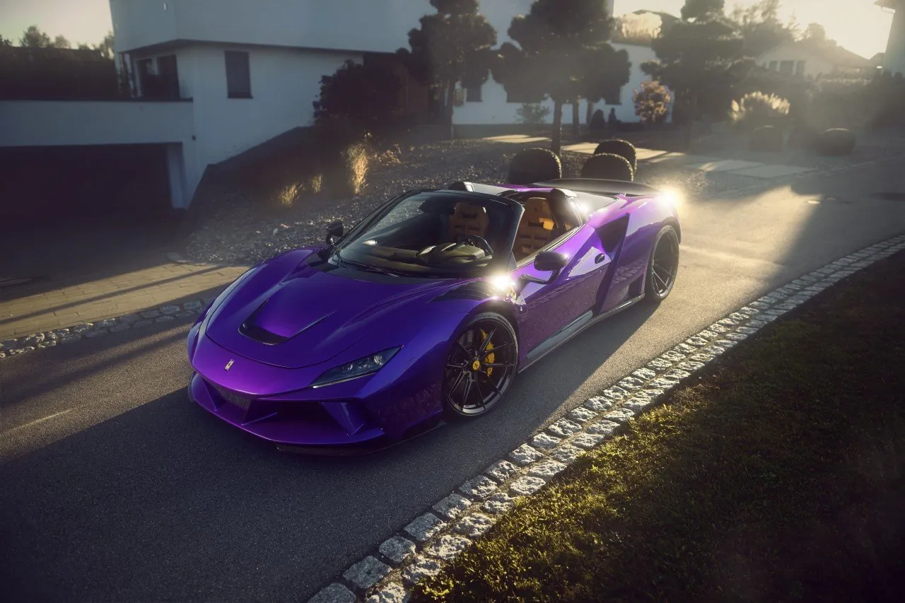 Purple Novitec Ferrari F8 N-Largo Spider with roof open in front of a modern house