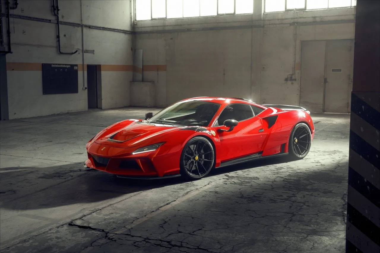 Red Novitec Ferrari F8 N-Largo widebody in an industrial hall, front three-quarter view