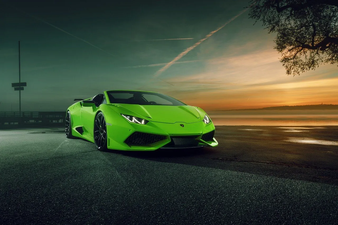 Green Novitec Lamborghini Huracan Spyder N-Largo front view at sunset
