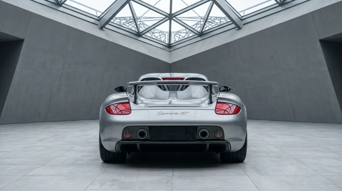 Porsche Carrera GT in GT Silver, rear view in a concrete atrium with glass roof showing Carrera GT script and twin exhausts