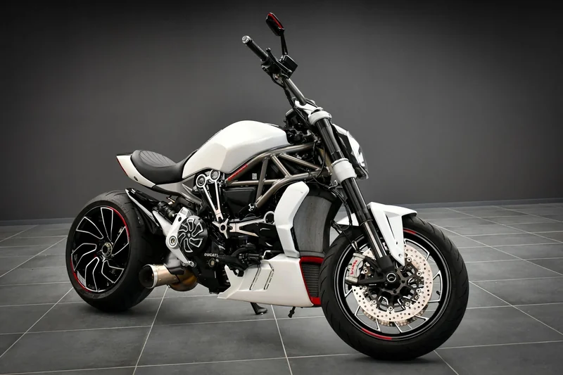 White Ducati X Diavel S Lamborghini Edition three-quarter view in the Batman Garage
