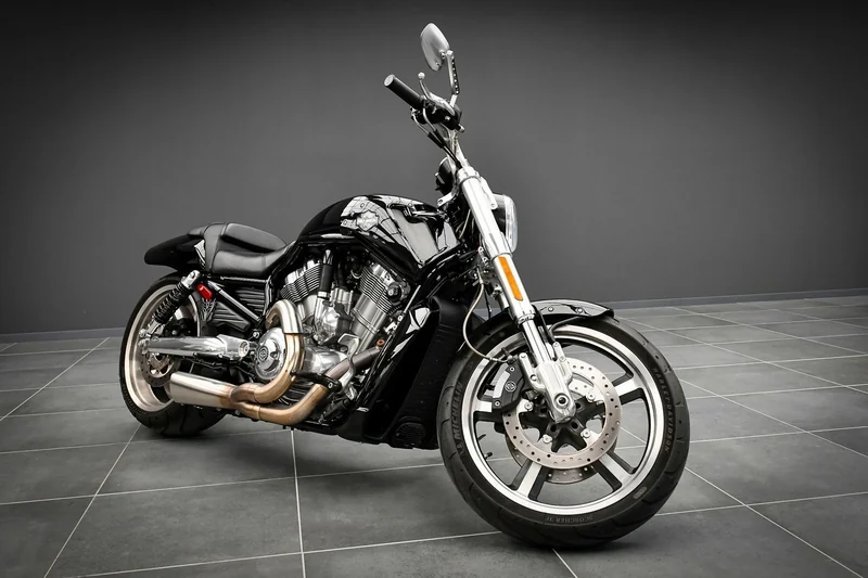 Black 2015 Harley-Davidson V-Rod Muscle three-quarter view in the Batman Garage