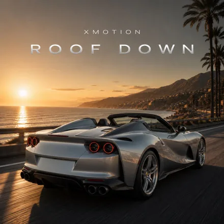 XMOTION - Roof Down cover art: silver convertible driving into a coastal sunset