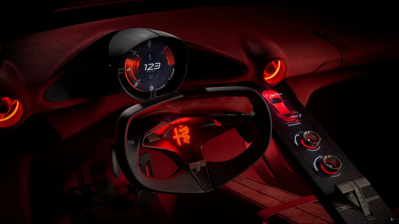 Alfa Romeo Cuorerosso cockpit with round Cannocchiale Vivente instrument display, steer-by-wire wheel and red interior
