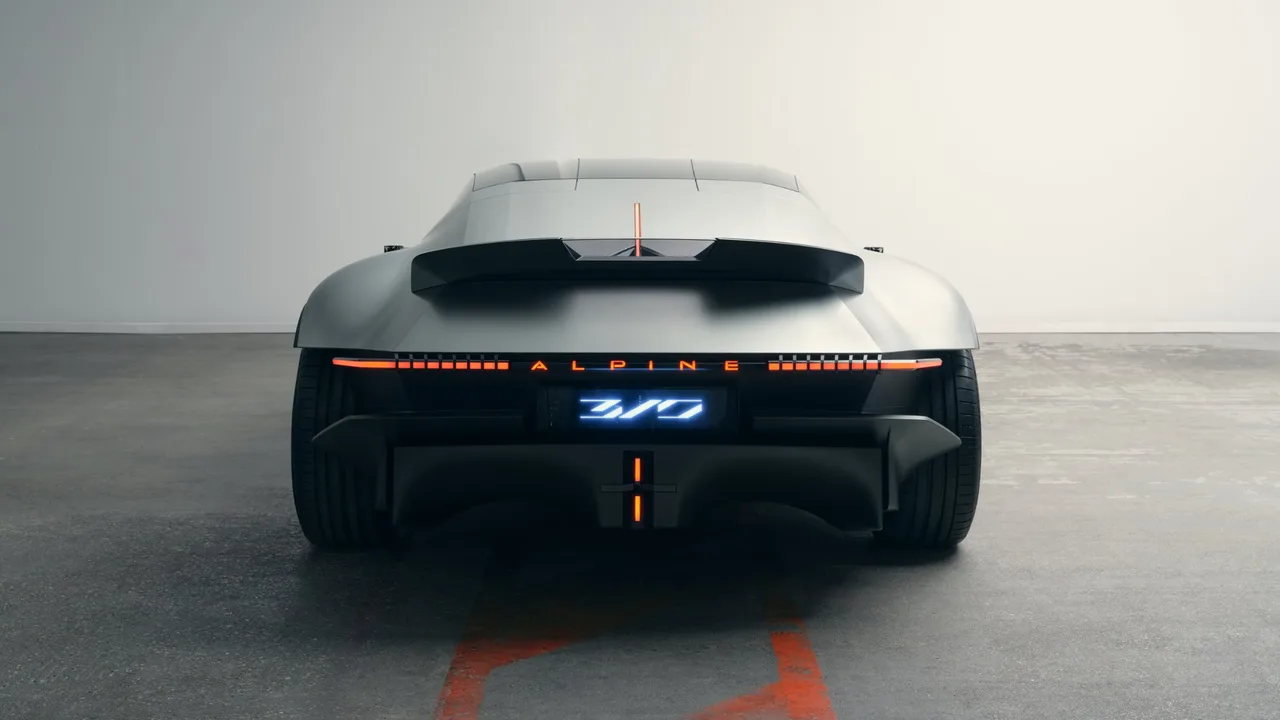 Rear of the Alpine A310 Vision with full-width light bar, illuminated ALPINE lettering and 310 logo
