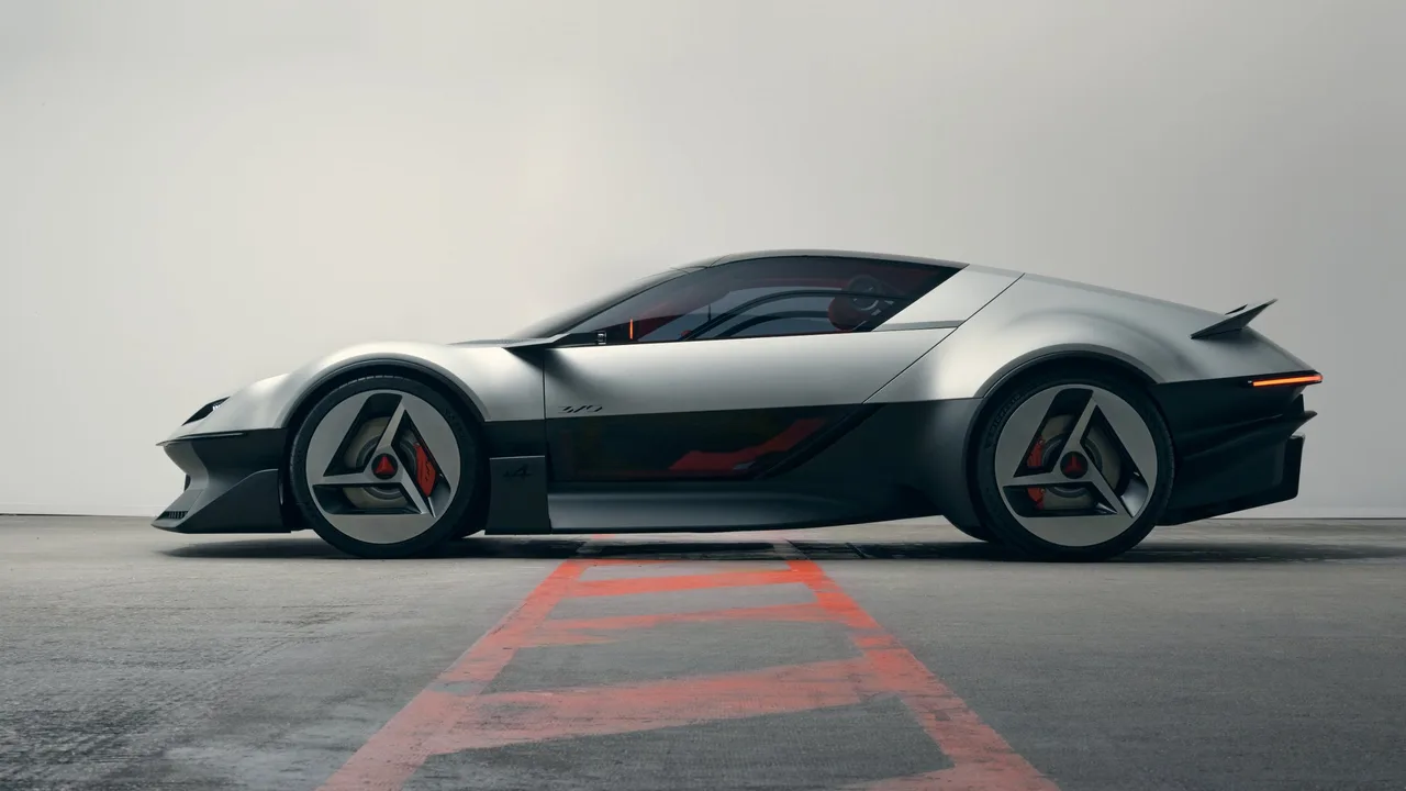 Alpine A310 Vision side profile with aluminium body, black lower section, glass door panel and split rear wing