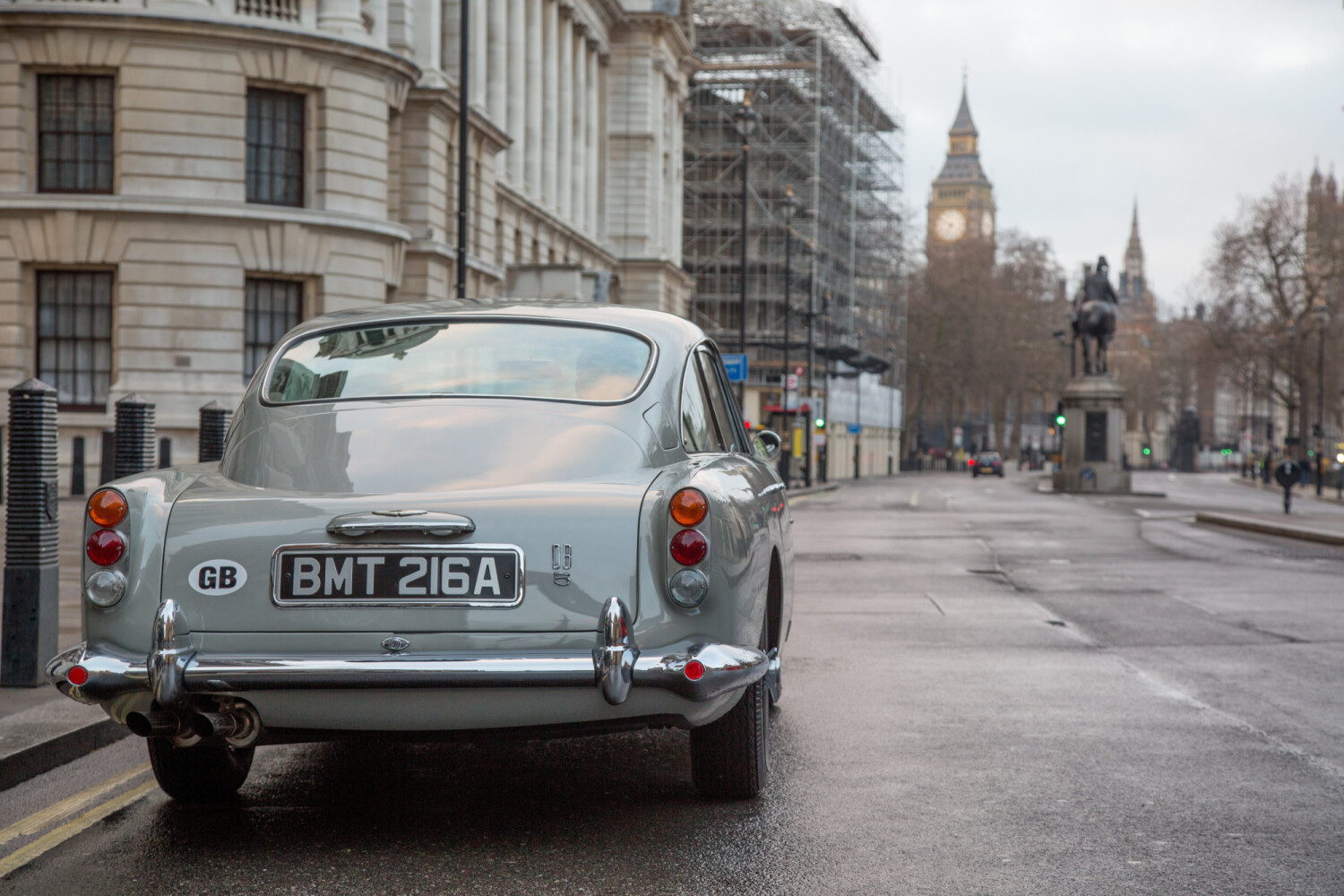 Silver Birch Aston Martin DB5 Goldfinger Continuation rear view in London