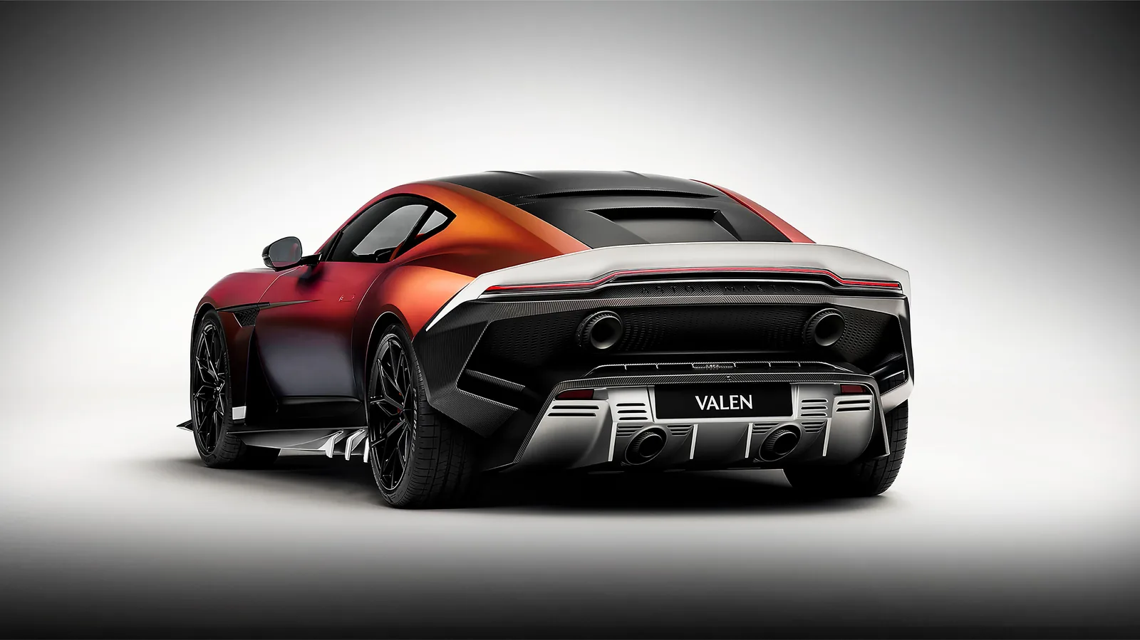 Aston Martin Valen rear head-on with quad titanium exhaust, integrated wing and VALEN license plate