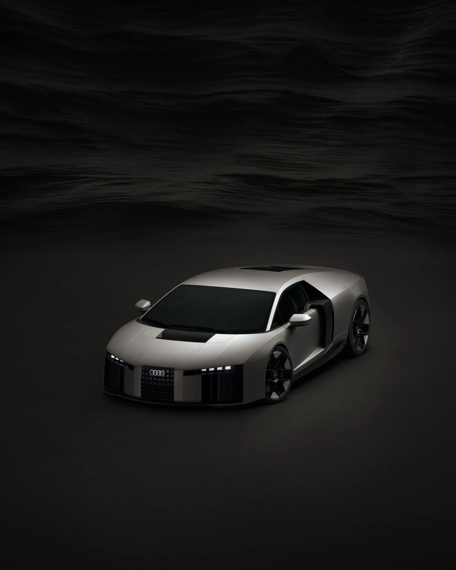 Audi Nuvolari 2027 front three-quarter studio shot — Titanium colour, S-duct front aero, forged center-lock wheels