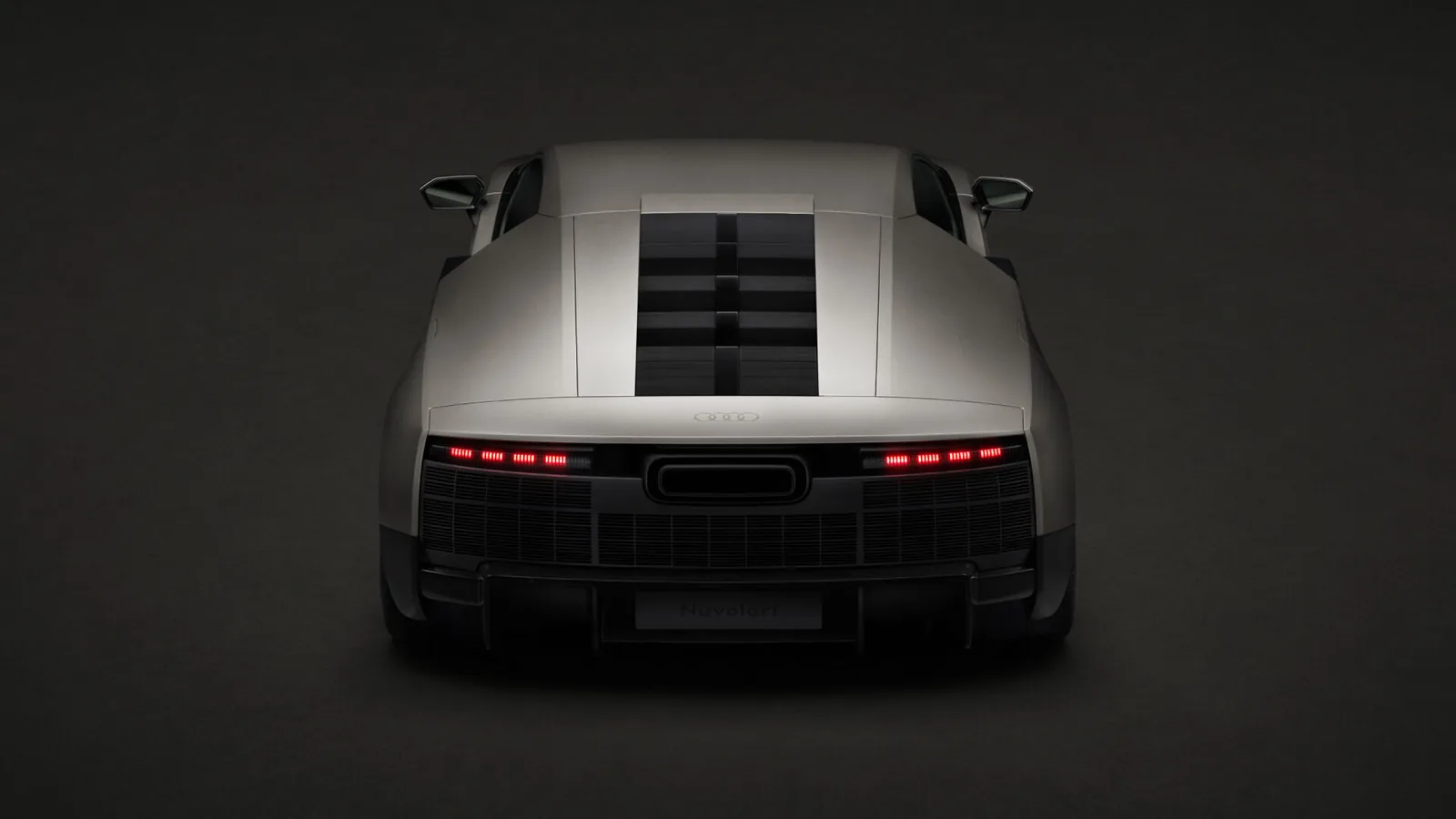 Audi Nuvolari 2027 rear head-on — full-width LED tail signature, large rear diffuser and twin trapezoid exhaust outlets