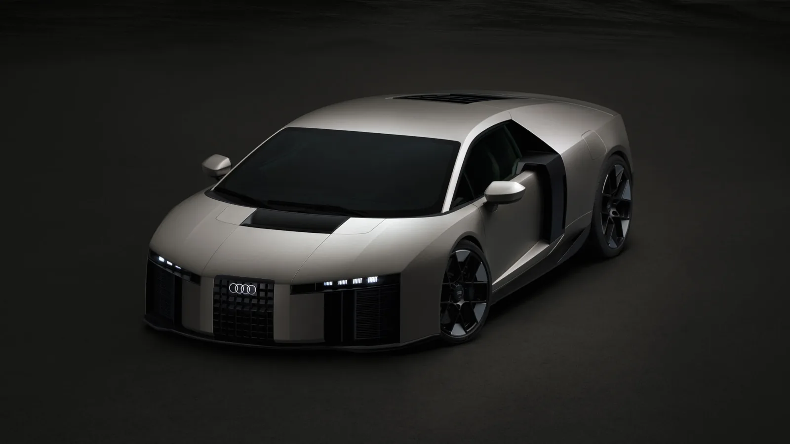 Audi Nuvolari 2027 side profile front three-quarter — forged center-lock wheels, low cockpit roofline
