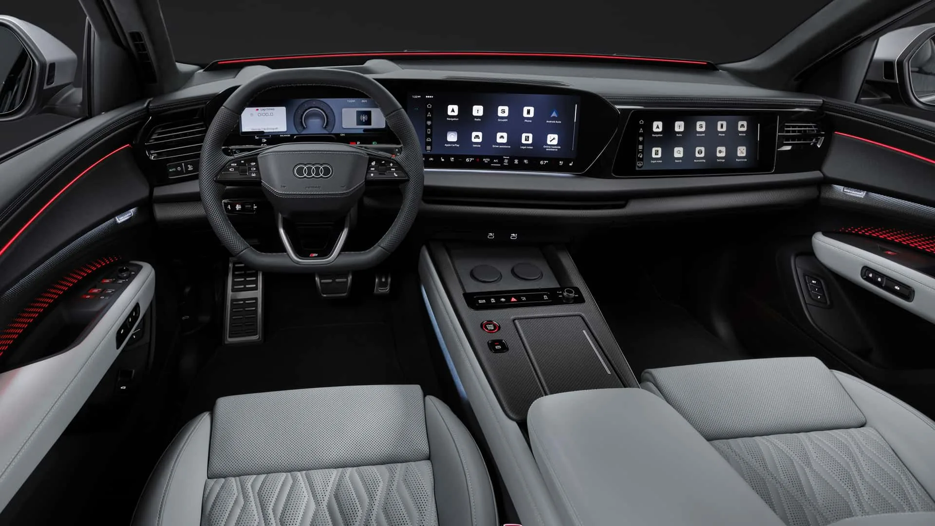 2027 Audi SQ9 interior cockpit — 11.9-inch digital instrument, 14.5-inch central touchscreen, 12.3-inch passenger display, red ambient lighting