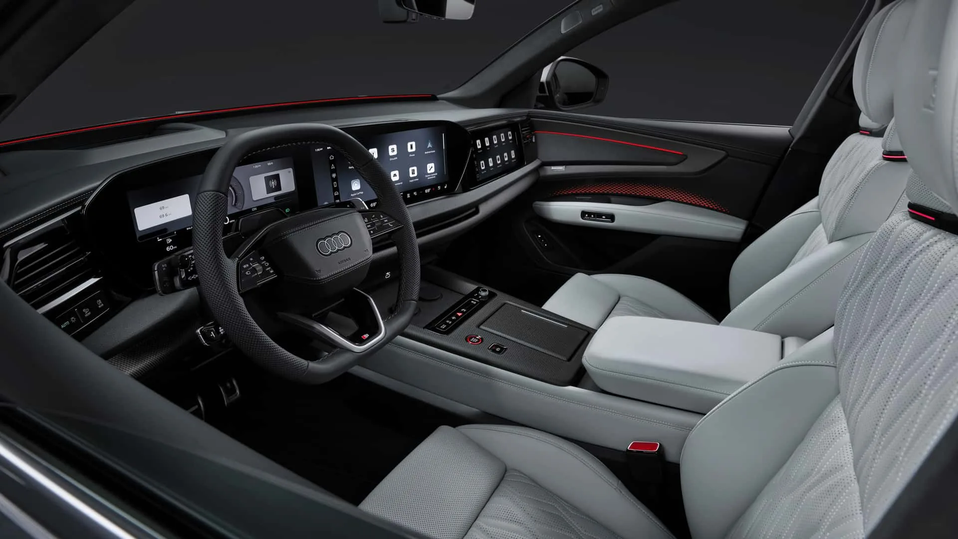 Audi SQ9 flat-bottom sport steering wheel and grey perforated leather driver seat with red ambient trim line