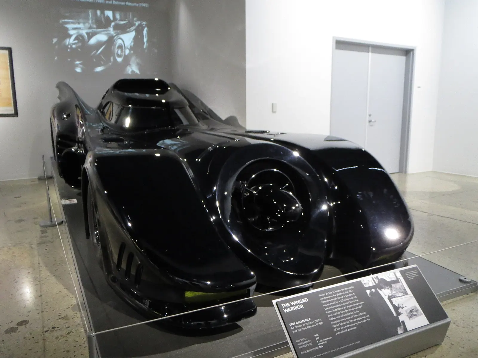 Front view of the Tim Burton Batmobile with its jet-turbine-style air intake in the nose