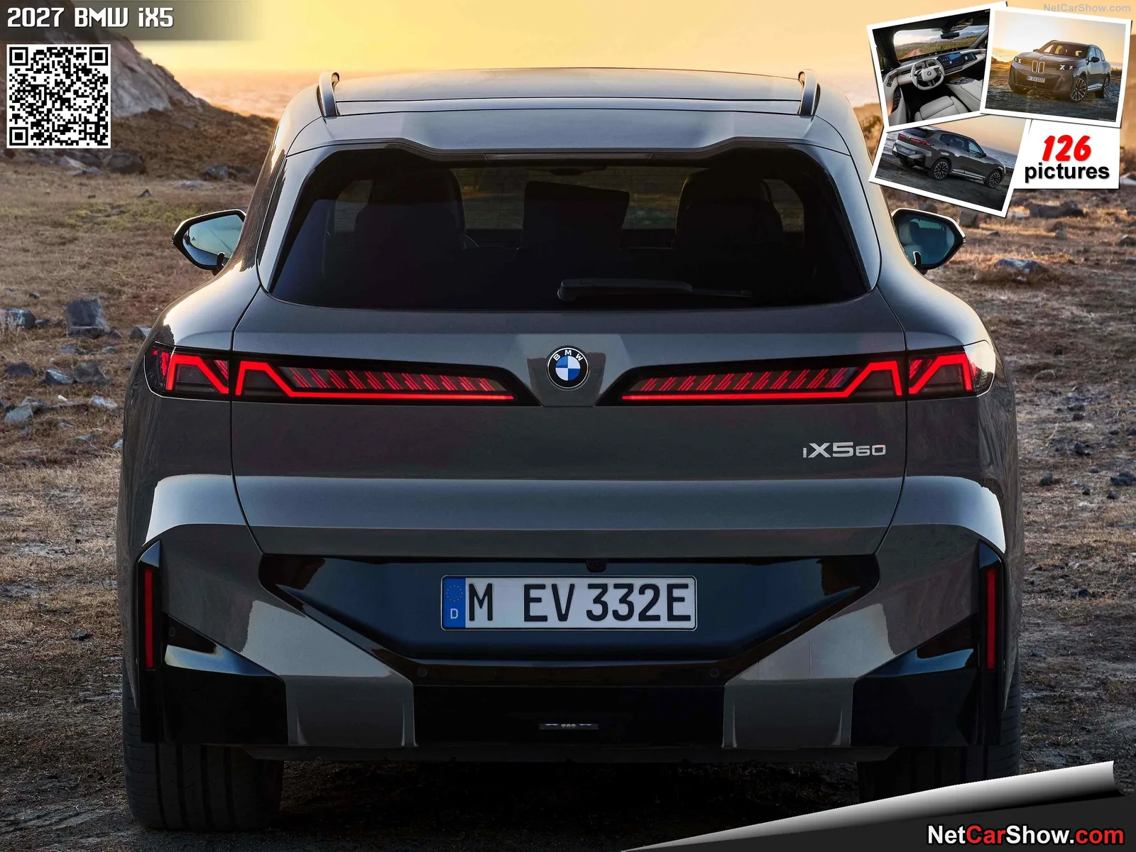2027 BMW iX5 60 xDrive rear head-on — clean electric-specific rear bumper design and integrated bar taillights