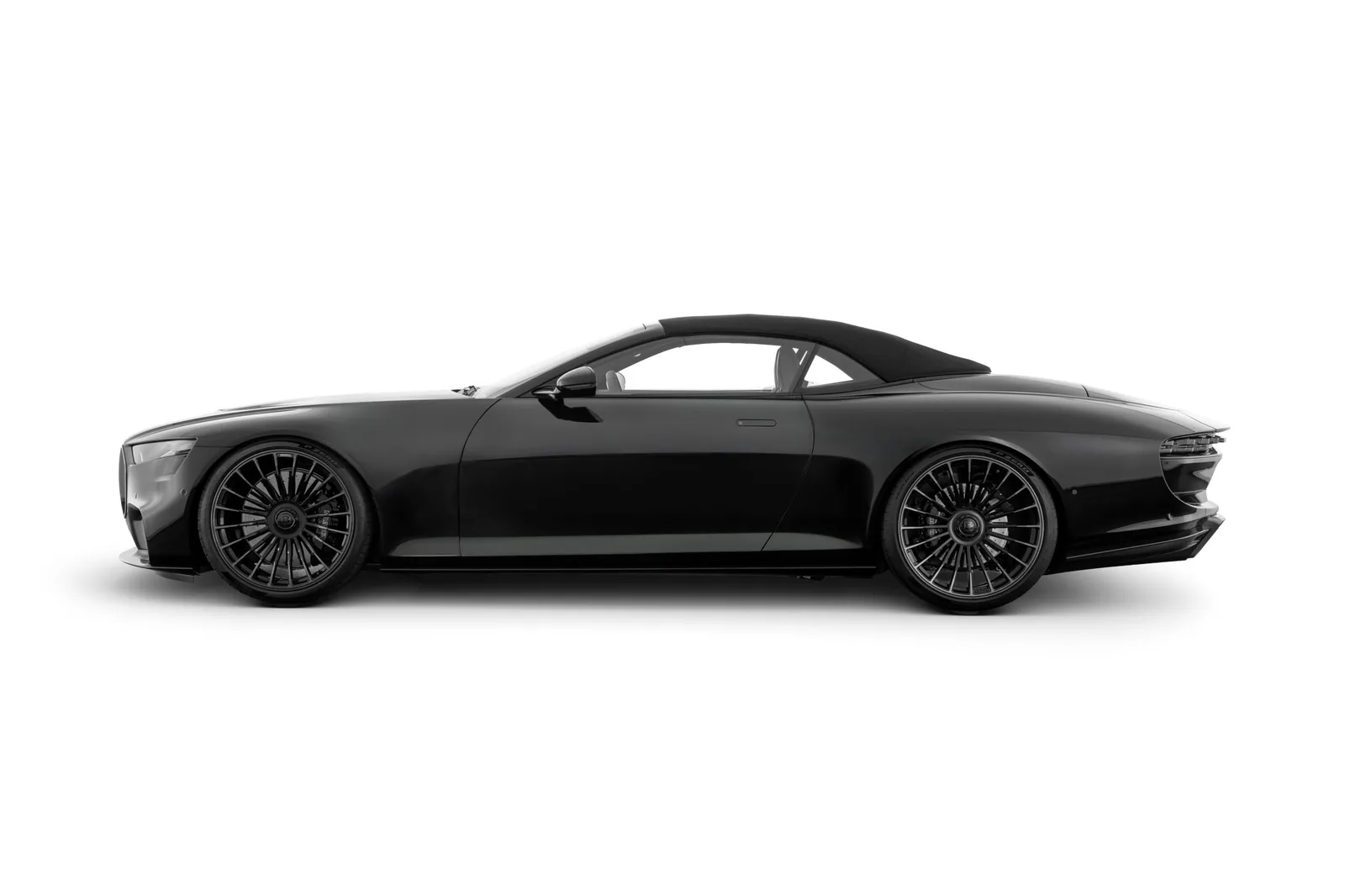Brabus Bodo Cabriolet side profile in Piano Black showing carbon fibre bodywork, long bonnet and short deck grand tourer proportions, roof stowed