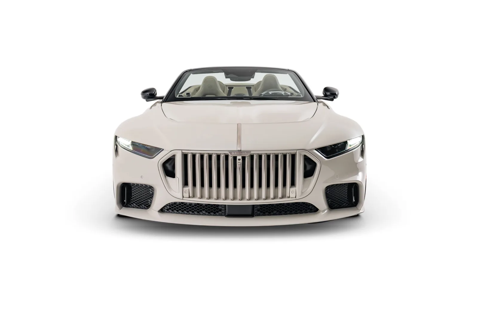 Brabus Bodo Cabriolet in Silk Stone light beige colourway with roof stowed, showing two-tone black and grey Jacquard soft top compartment and silver polished multi-spoke wheels