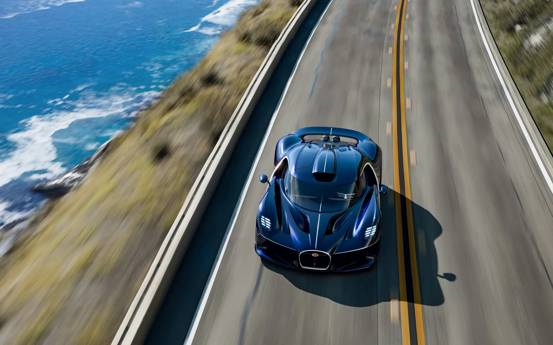 Bugatti Destrier aerial view on a coastal road &mdash; Sapphire Celeste paint with visible diamond-inspired sparkle